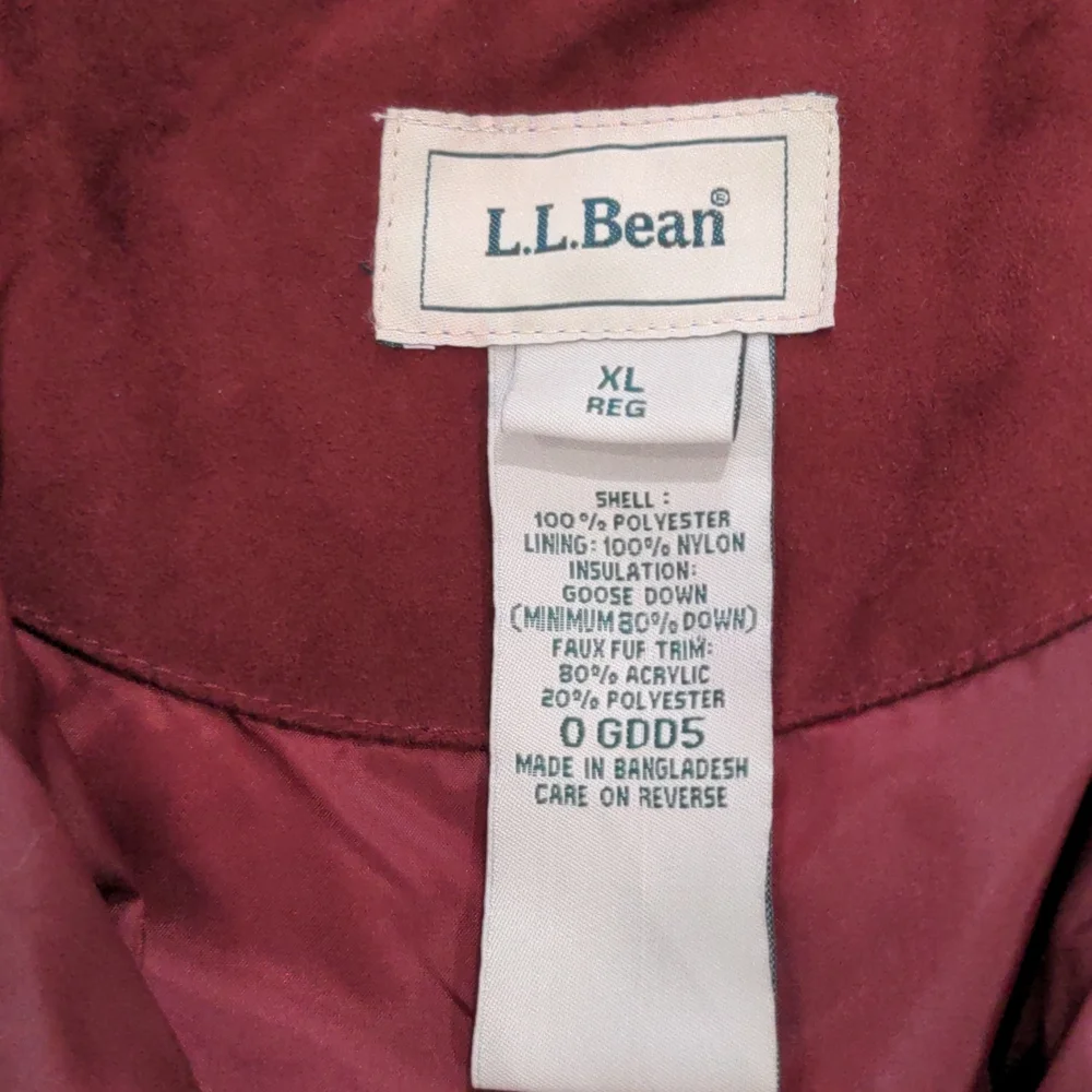 LL BEAN Microsuede Goose Down Quilted Maroon Coat Parka Jacket - Picture 2 of 8